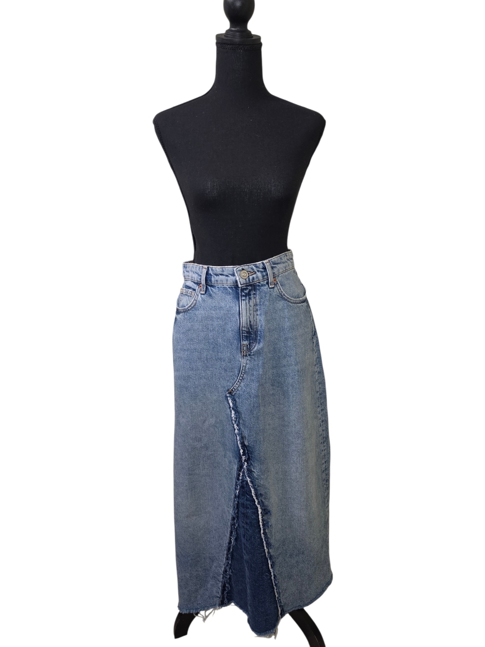 BDG Two-Tone Blue Frayed Center-Panel Denim Midi Skirt